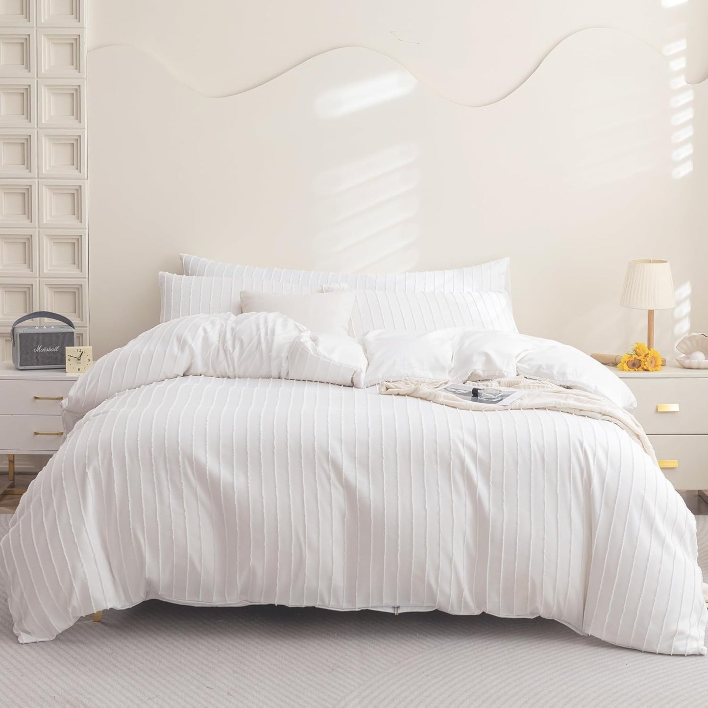 JELLYMONI Duvet Cover Twin Size Bright White - 3PCS Boho Striped Duvet Cover Set Polyester Tufted Bohemian Textured Comforter Cover 68×90in with Corner Ties & Zipper and 2 Pillowcases