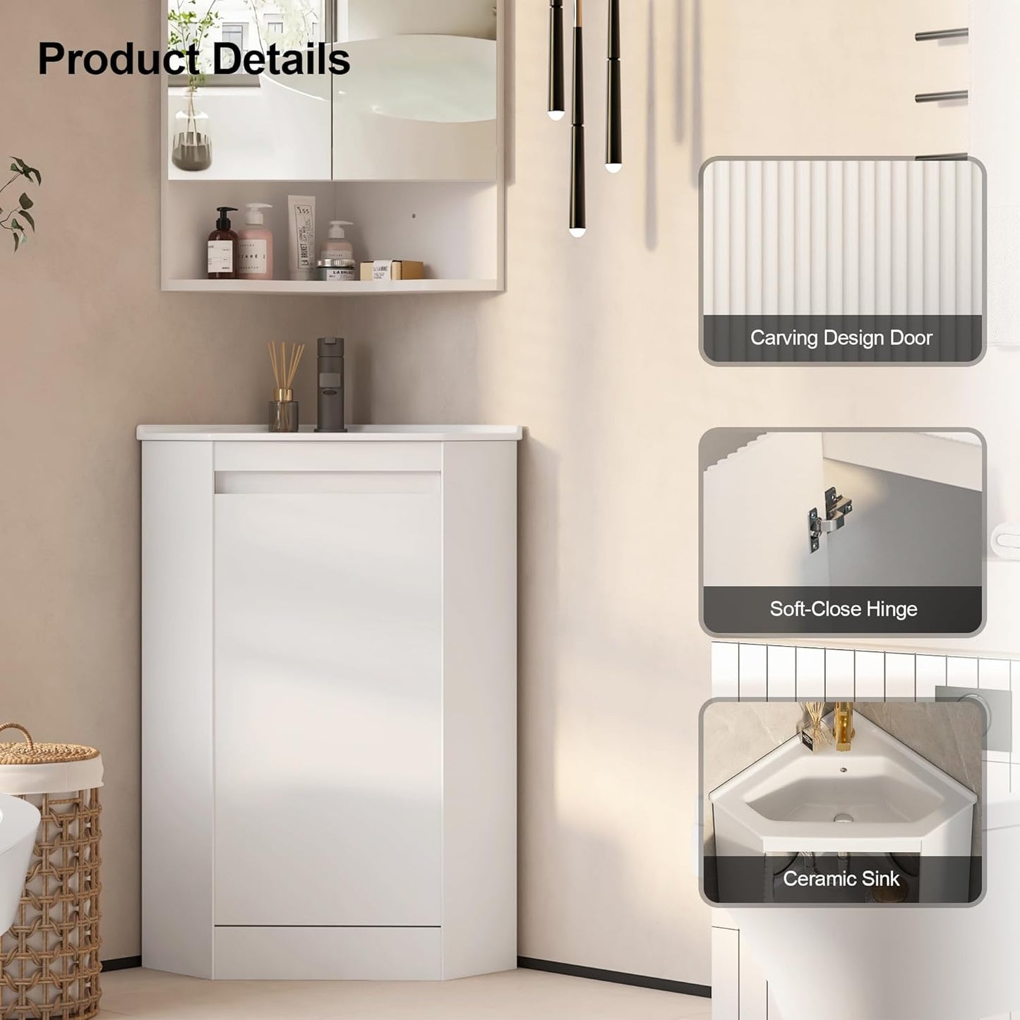 24"Corner Bathroom Vanity Sink Combo for Small Space,Freestanding Storage Cabinet with Sink,Soft-Close Function,Modern Wall Mount Sink Vanity (No Faucet)