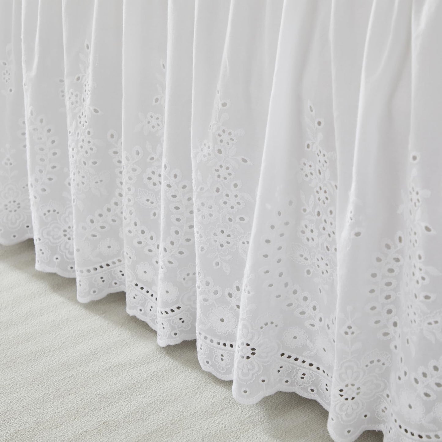 Brandream White Eyelet Bed Skirt King Size 100% Cotton Ruffled Dust Ruffle Bed Skirt 18 Inch Drop with Embroidered Floral Design Queen Size Beds