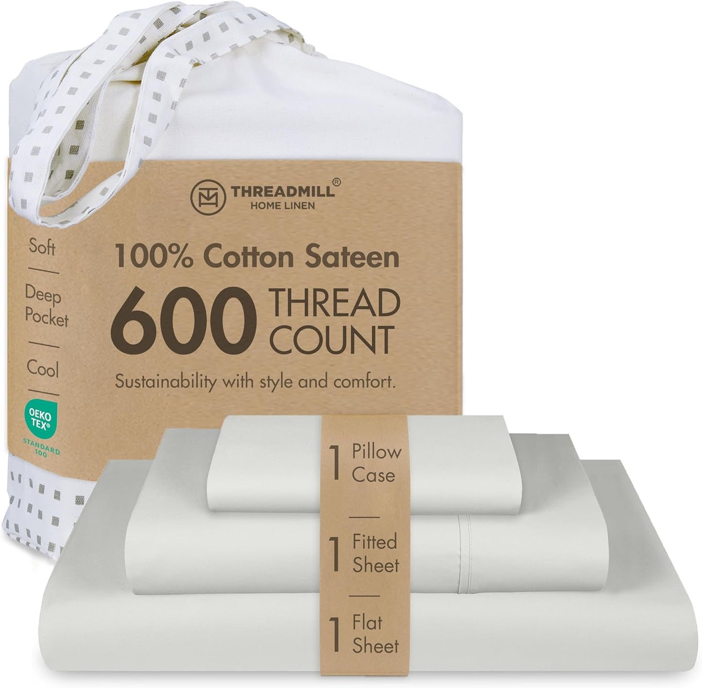 Threadmill 100% Cotton Sheets for Twin Size Bed - 600 Thread Count Twin Bed Sheets Set with 15” Deep Pocket - Sateen Weave 3-Piece Bedding Set with Cooling Effect, Light Grey