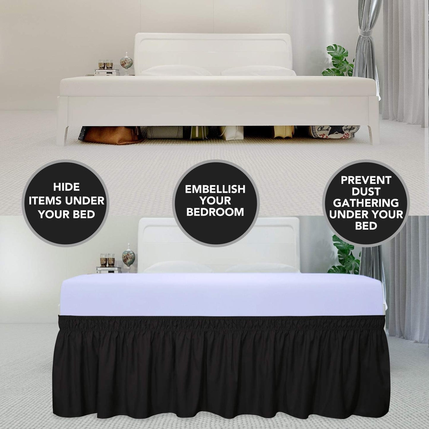 PureFit Wrap Around Ruffled Bed Skirt with Adjustable Elastic Belt - 14 Inch Drop Easy to Put On, Wrinkle Free Bedskirt Dust Ruffles, Bed Frame Cover for Twin, Twin XL and Full Size Beds, Black