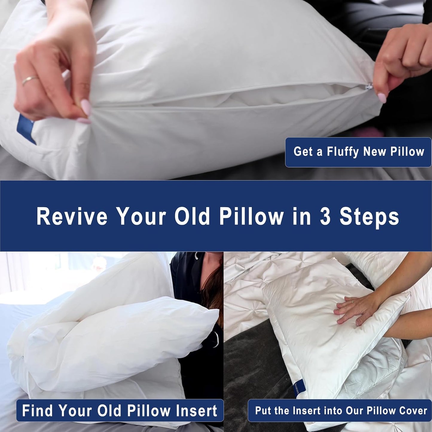 ACCURATEX Fluffy Pillow Cover, 100% Cotton Shell Filled with Down Alternative, Revive Old Flat Pillows, L Shaped Zipper Pillow Protector for Queen Size Pillow, Removable & Machine Washable