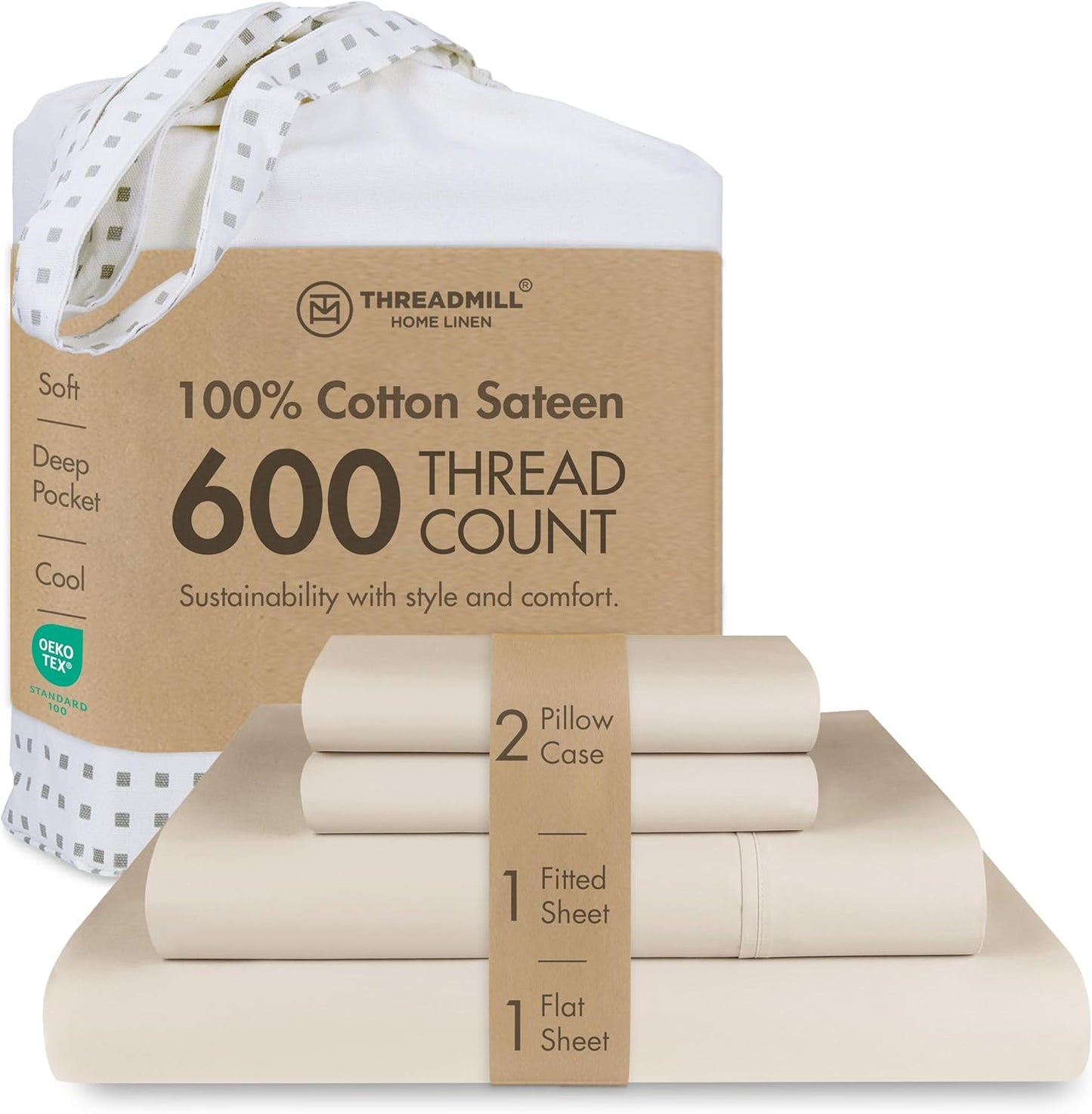 Threadmill 100% Cotton Sheets for Queen Size Bed - 600 Thread Count Queen Bed Sheets Set with 16” Deep Pocket - Sateen Weave 4-Piece Bedding Set with Cooling Effect, Beige