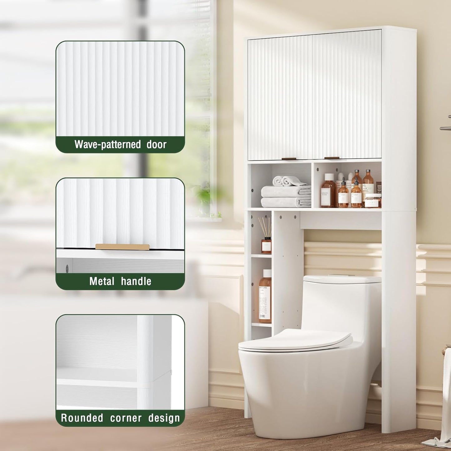 31" W Over The Toilet Storage Cabinet with Fluted Door, White Bathroom Organizer with Adjustable Shelf, Toilet Paper Holder Stand Wave Door for Restroom, Laundry Room