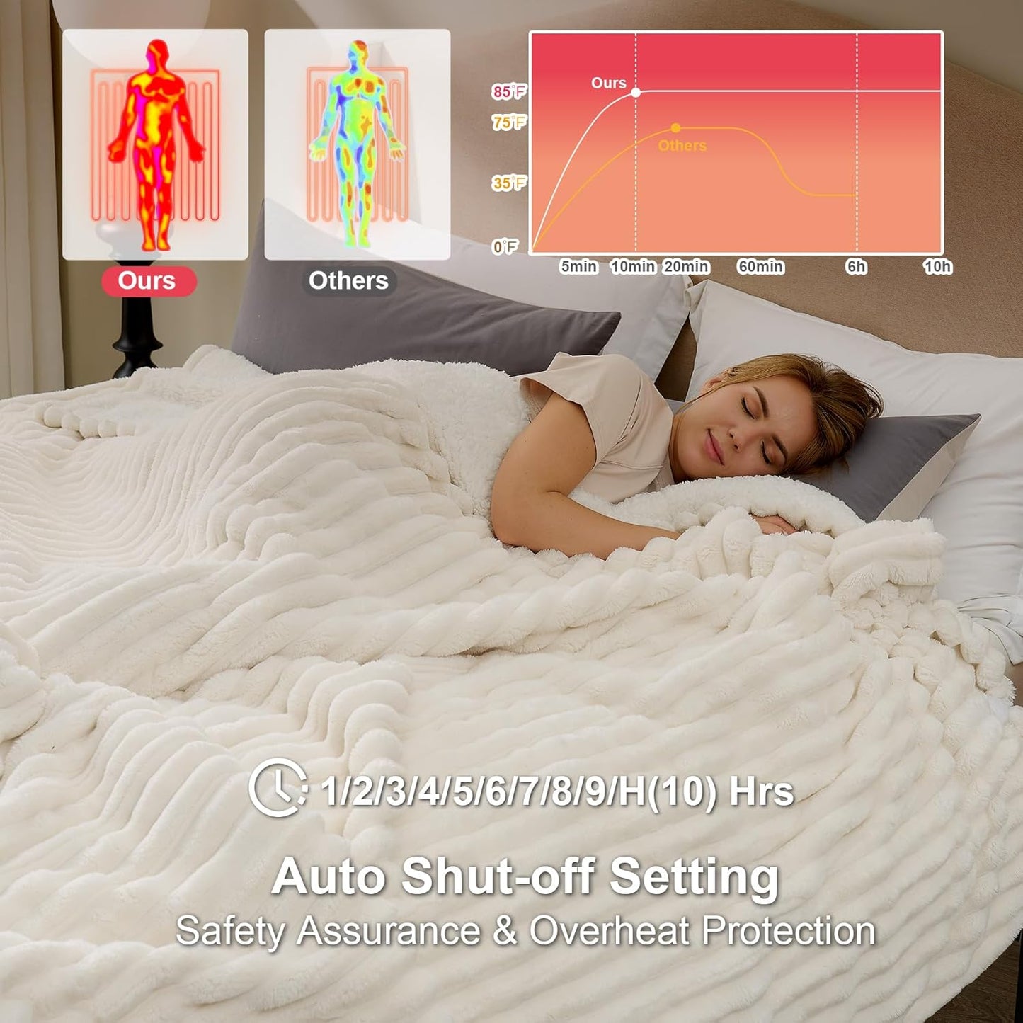 Hansleep Heated Blanket Queen Size Electrci Throw Dual Control, Heating Blanket with 9 Heating Levels and 10-Hour Timer Auto Shut Off, Washable Soft Warm Winter Blanket, 80 x 90 Inches, Beige