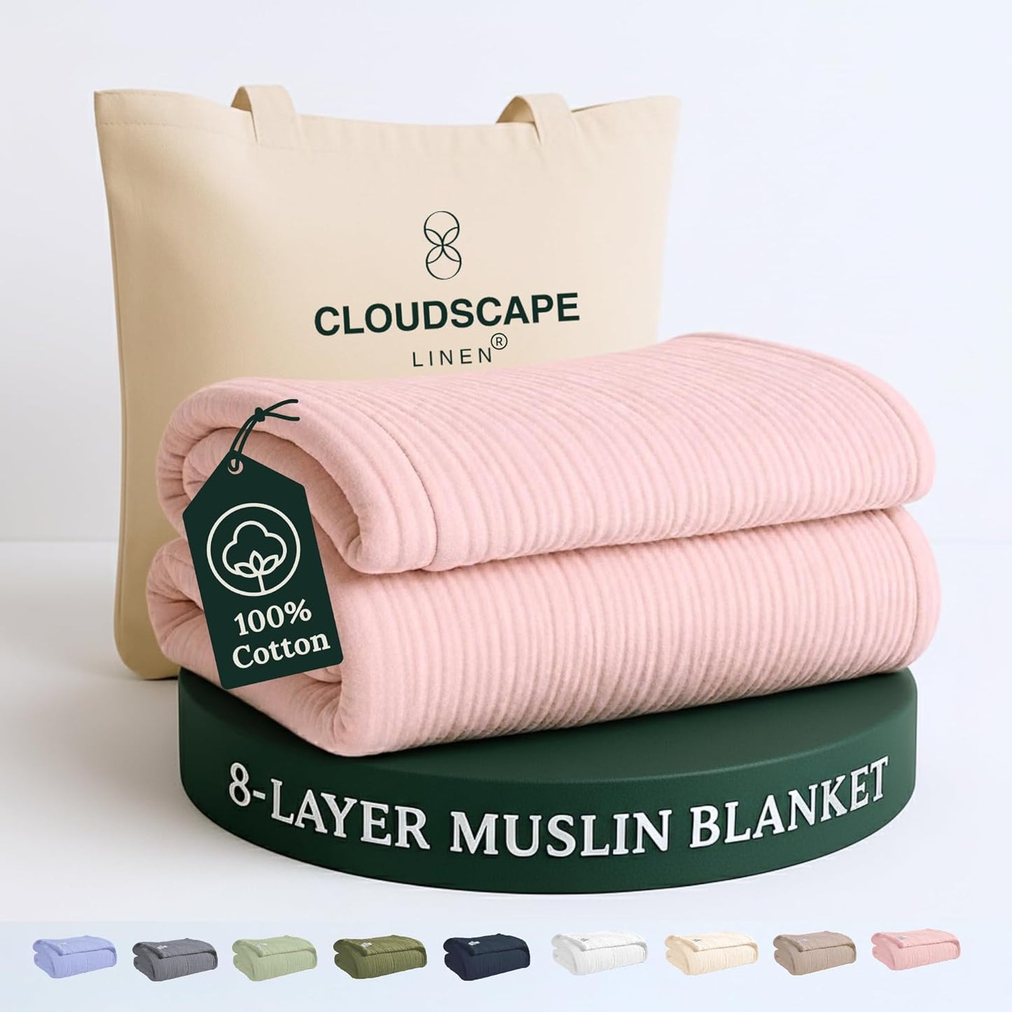 Cloud Scape Linen 100% Cotton 8 Layer Twin Size Muslin Blanket - Breatheable and Soft Winter Blanket for Bed, Couch and Sofa, Oversized Fits up to Twin XL, Best Gift Idea, 68x92, Seashell Pink
