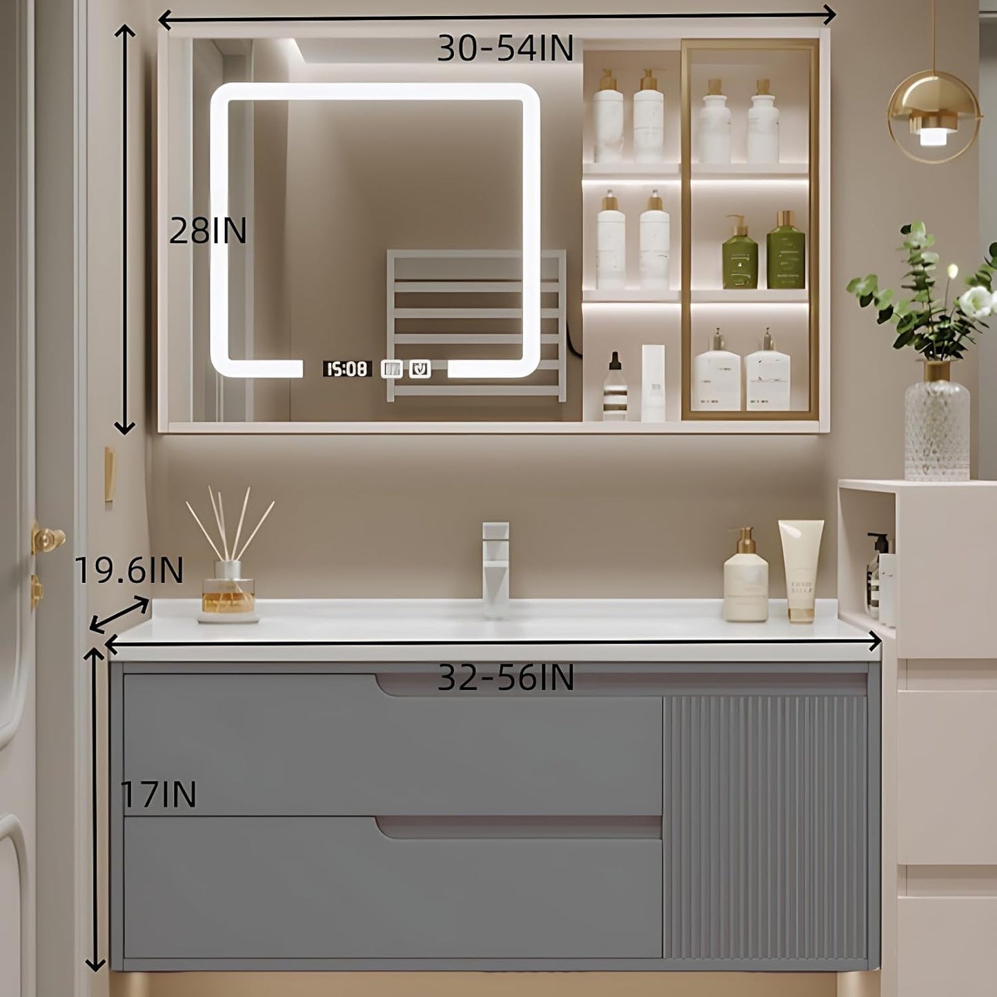 Cream Grey Sophisticated Bathroom Vanity - Bathroom Vanity with Smart Storage & Mirror Cabinet, Defogging, LED Light | Wall-Mounted Bathroom Storage Cabinet & Bathroom Vanity with Sink (Grey, 52IN)