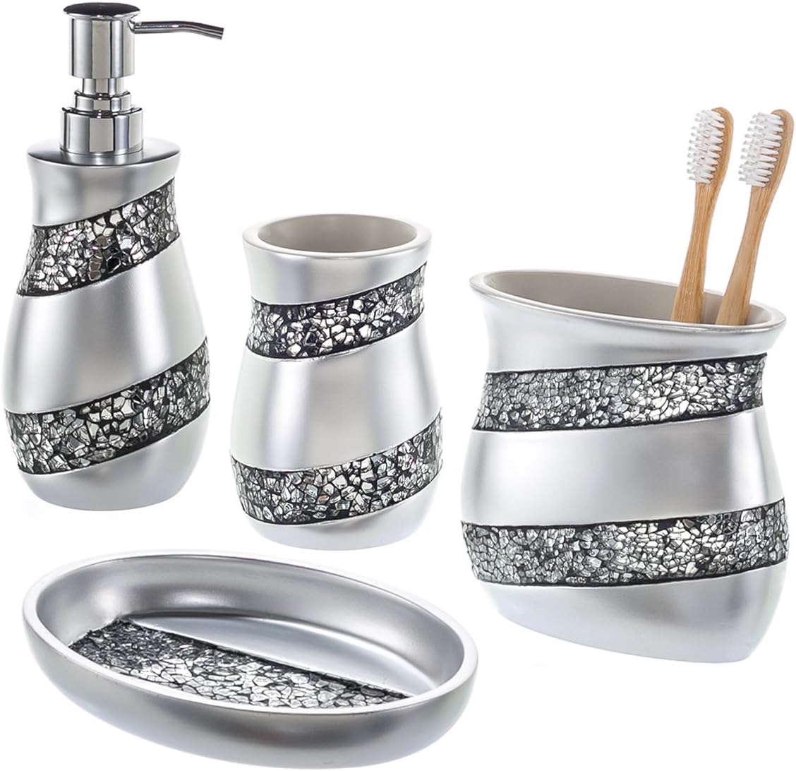 Creative Scents Silver Bathroom Accessory Set - Mosaic Glass Bathroom Soap Dispenser Set; 4-Piece Bathroom Set Includes: Lotion Dispenser, Toothbrush Holder, Tumbler & Soap Dish - Gift Packaged