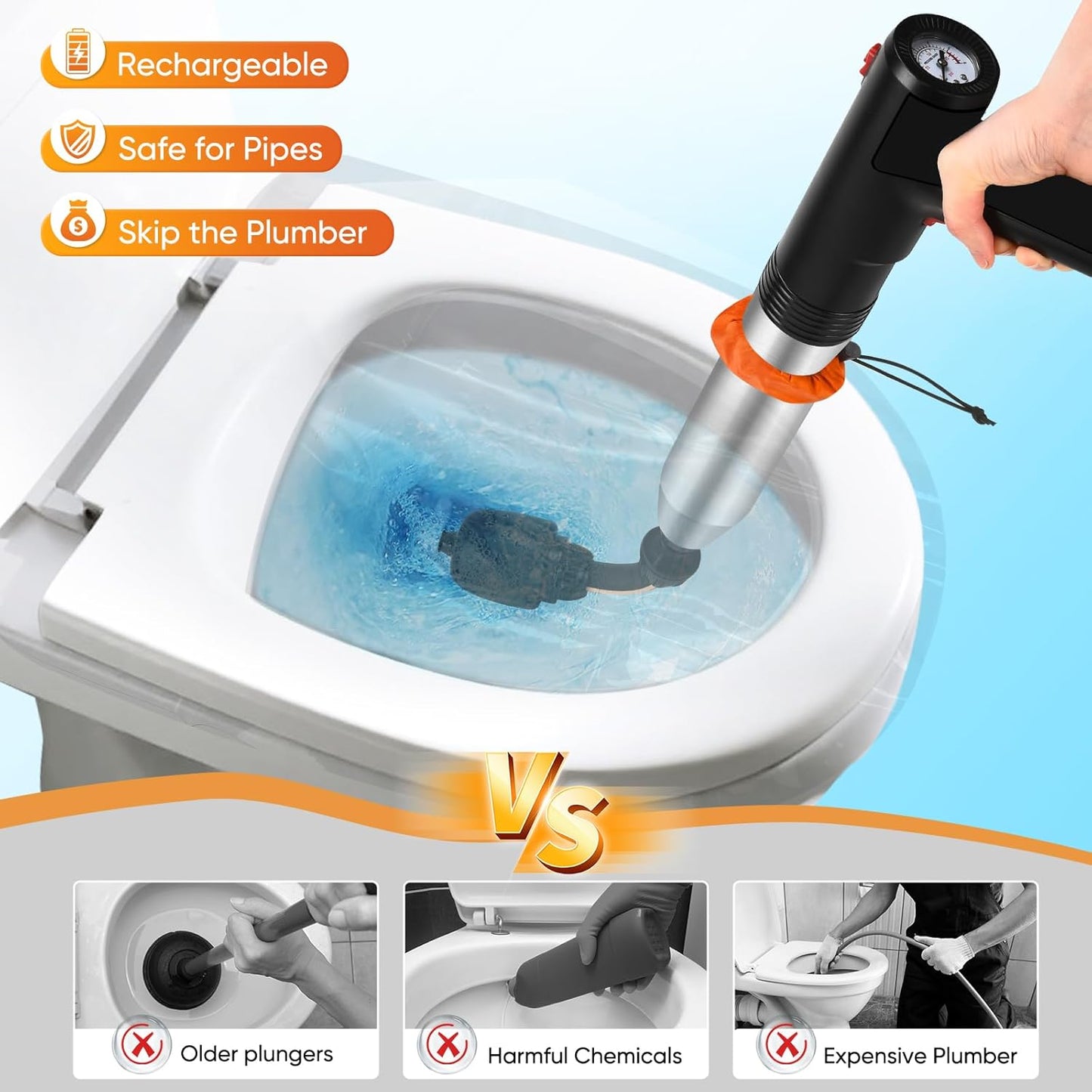 Electric Toilet Plunger, Drain Unclogger Plungers High Pressure Air Drain Blaster with Drain Auger, Splash-free Plungers for Bathroom, Plumbing Snake for Toilet, Clog Remover Heavy Duty(Black)