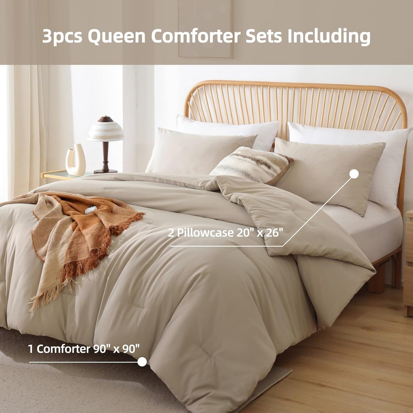 ROSGONIA Oversized Queen Comforter Light Khaki, 3pcs (1 Comforter & 2 Pillowcases) Lightweight Oversized Queen Comforter Sets Bedding Blanket Quilts