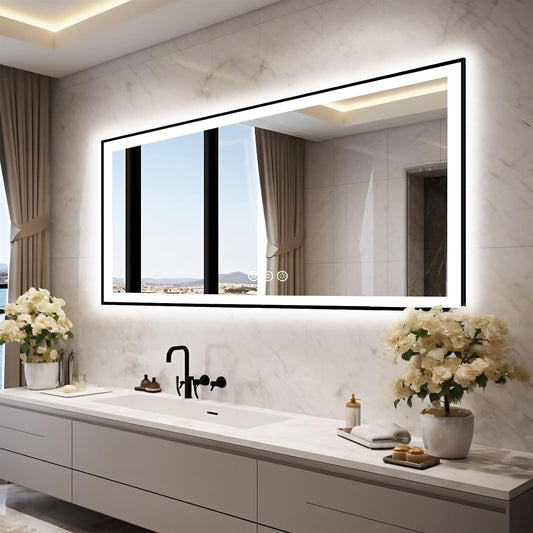 72x32 LED Bathroom Vanity Mirror - Black Aluminum Framed, Front and Backlit, Anti-Fog, Stepless Dimmable, 3 Colors Smart Mirror