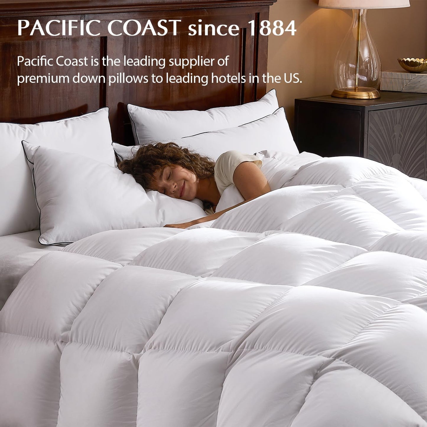 Pacific Coast Bed Pillow, Hotel Goose Feather and Down Pillow for Sleeping, 3-Chamber Pillow with High Thread Count 100% Cotton Shell, Queen Size