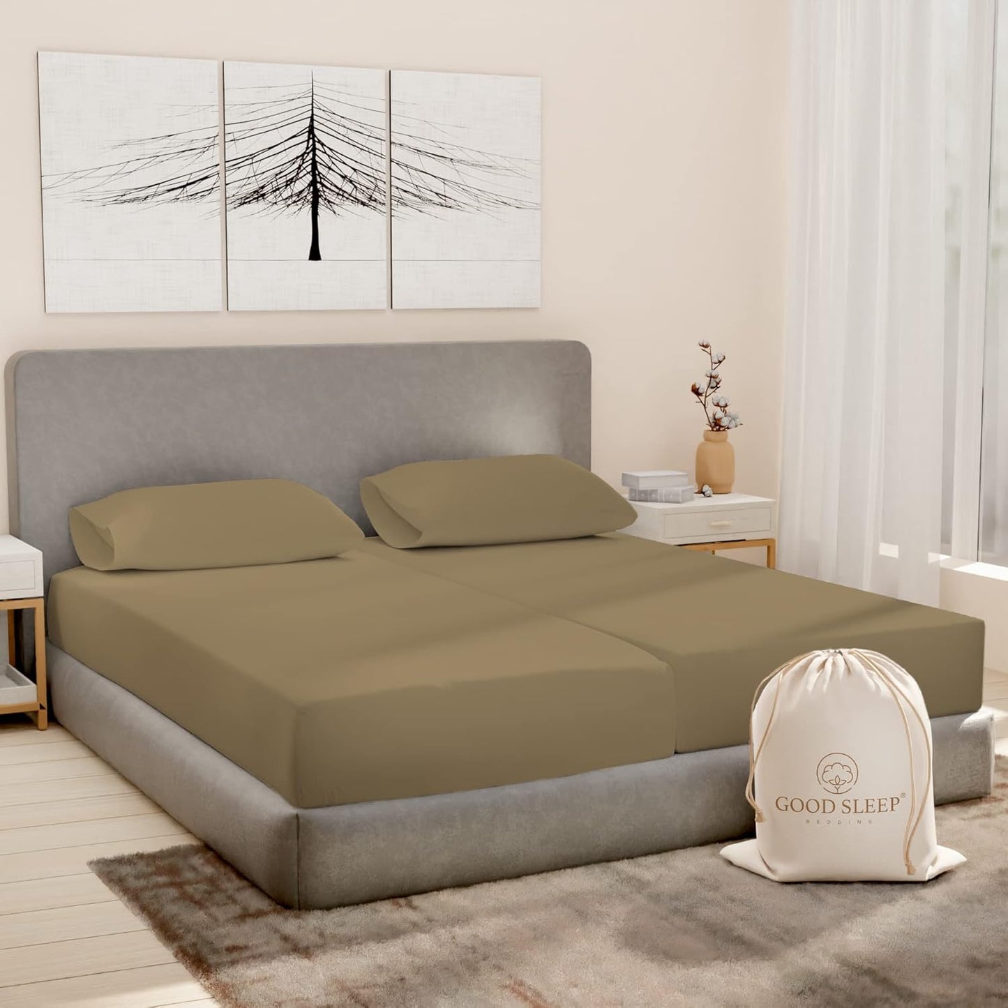 Good Sleep Bedding Split King Sheets Sets for Adjustable Bed Cotton, Luxury Sheets, Egyptian Cotton, 5 Piece 100% Cotton Split King Sheet Set, Sateen Weave, 2 Fitted - 16" Deep Pocket, Taupe