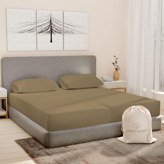 Good Sleep Bedding Split King Sheets Sets for Adjustable Bed Cotton, Luxury Sheets, Egyptian Cotton, 5 Piece 100% Cotton Split King Sheet Set, Sateen Weave, 2 Fitted - 16" Deep Pocket, Taupe