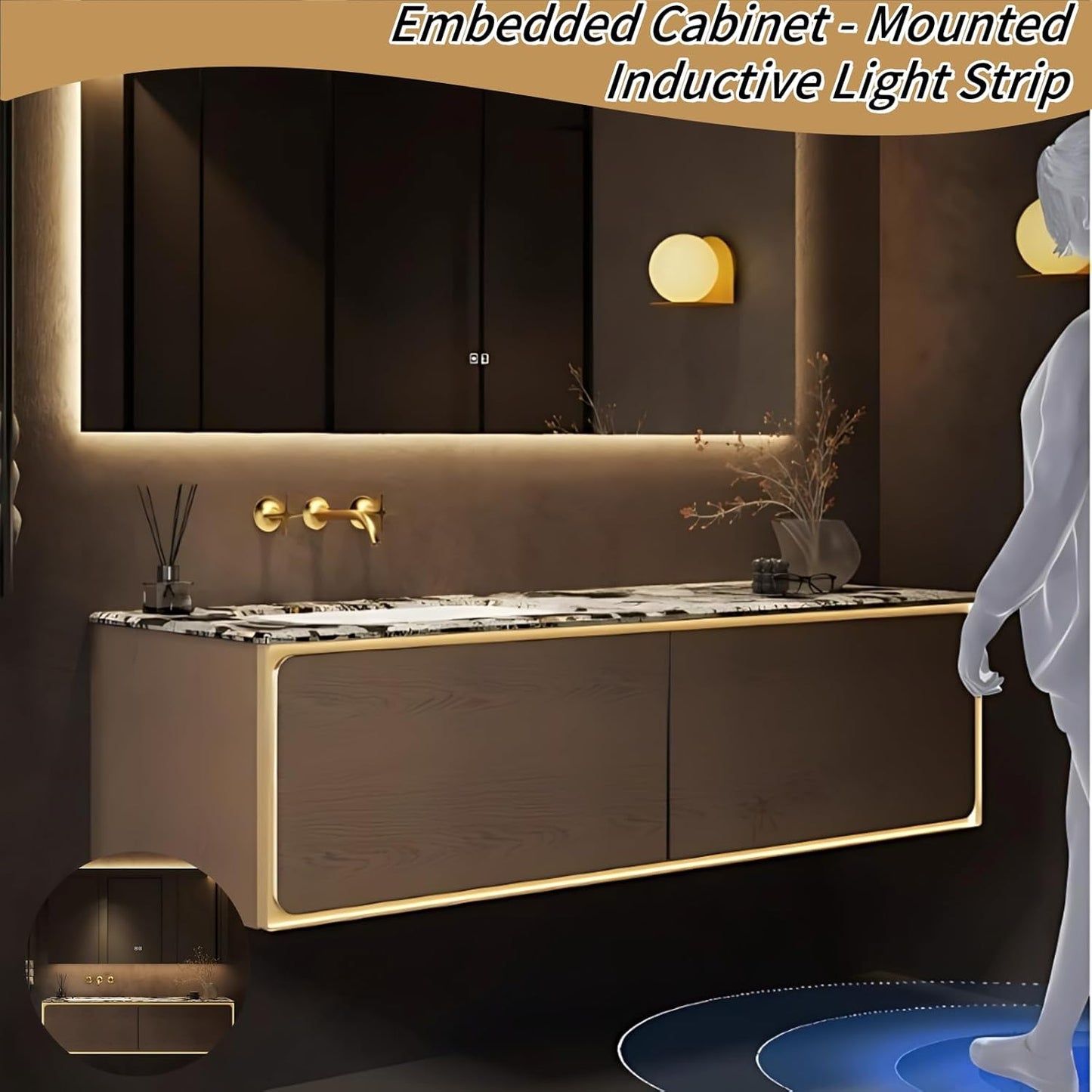 56IN Bathroom Vanity Set with a Single Sink - Embedded Sensor Light Strip & Large Capacity Floating Cabinet | Modern Bathroom Vanities with Defogging Mirror Surface & LED Lighting (Mirror Cabinet)