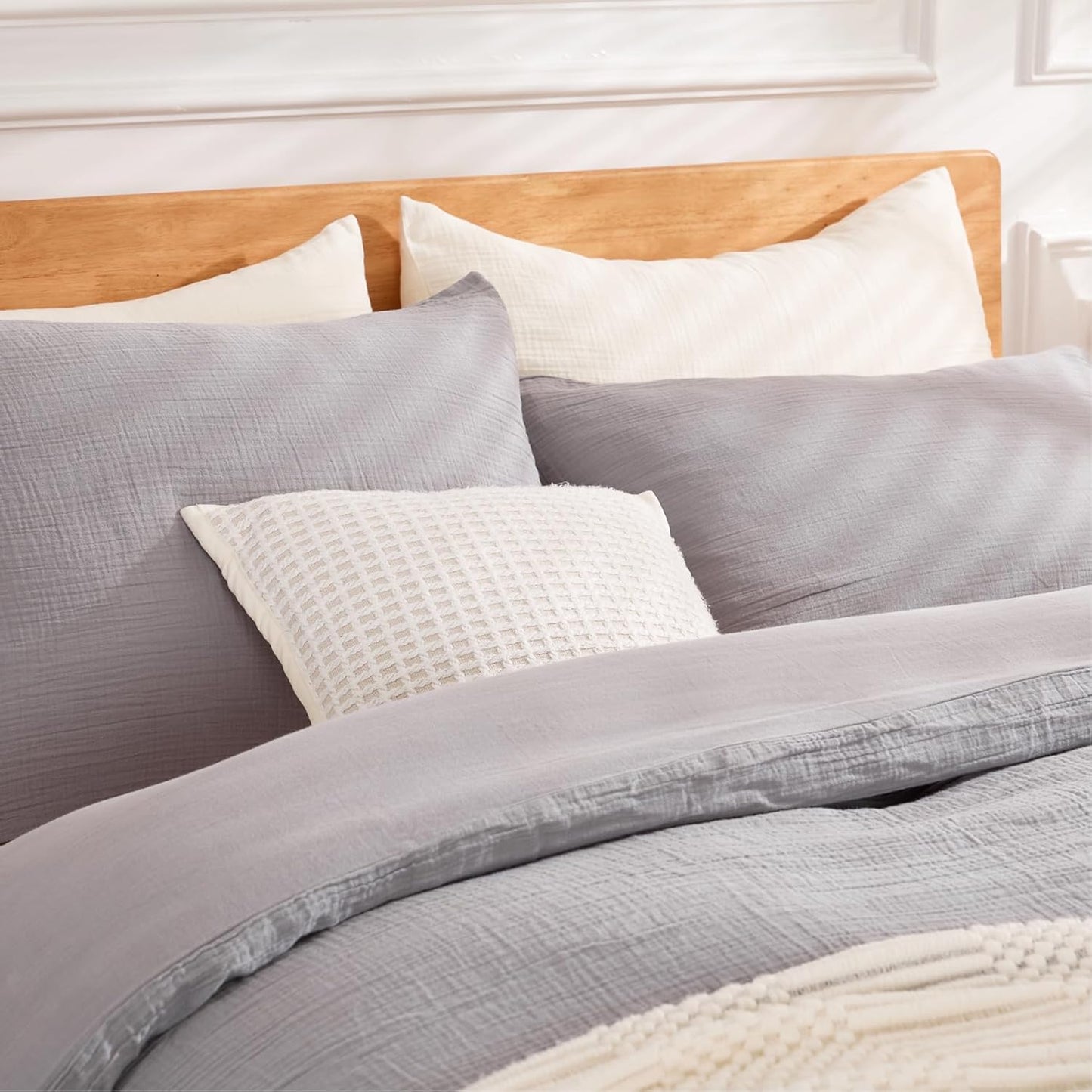 Gray Duvet Cover Queen Size, 100% Sandwashed Cotton Soft Queen Duvet Cover Set 3 Pieces with Zipper Clousre & Corner Buttons (Gray, Queen 90 x 90)