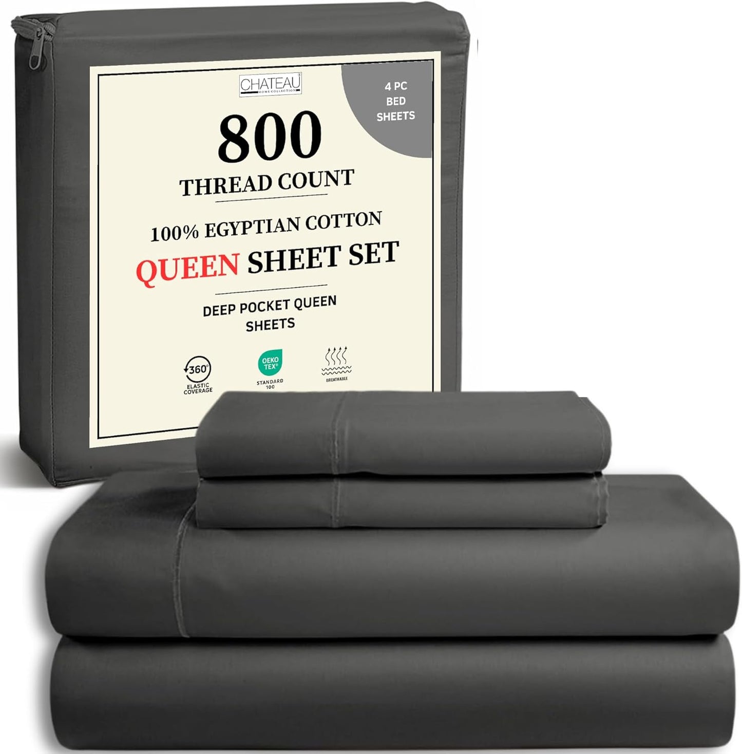 800 Thread Count Egyptian Cotton Sheets Queen Sheet Set Deep Pocket,100% Cotton Bed Sheets Queen Size Set, No Pill Soft & Comfy Naturally Cool Breathable Elasticated Sheet & Pillowcase Sets- Charcoal