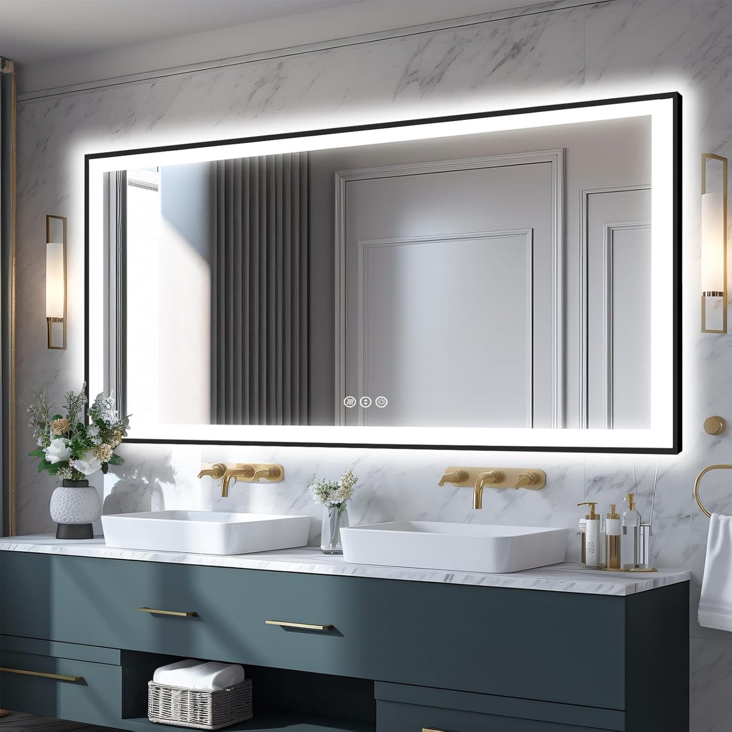 Large 84x40 Light Up Bathroom Mirror - Black Aluminum Edge (Front and Backlit), Anti-Fog Vanity Mirror with Stepless Dimmable Lights, 3 Colors Smart Mirror