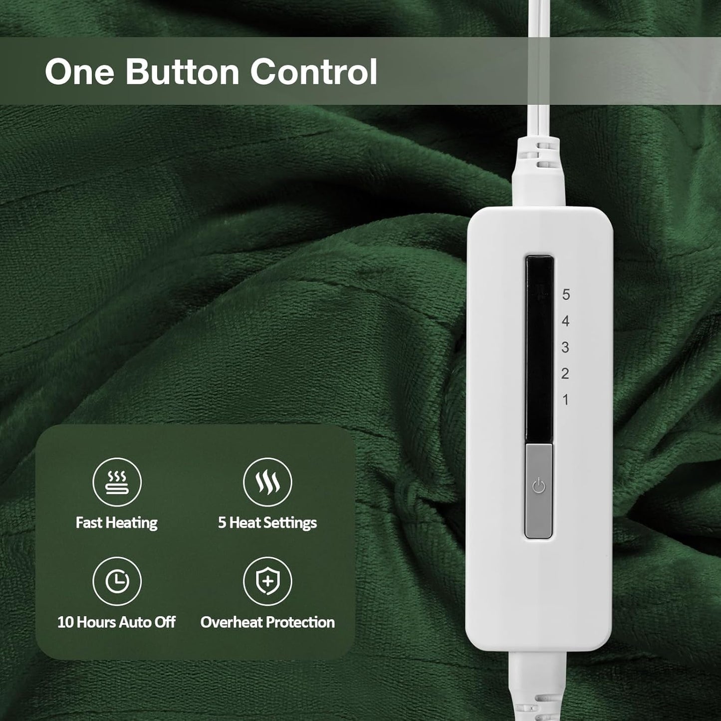 Electric Heated Blanket Twin Size 62”x84”,Soft Warmth Cozy with 5 Heating Settings 10 Hours Auto-Off, One Touch Operation, Machine Washable, Green