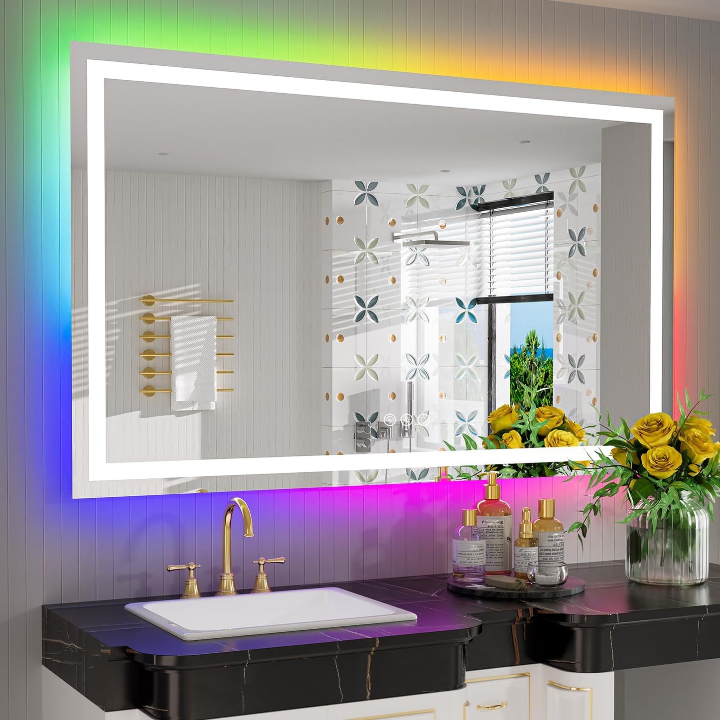 55x36 Inch RGB LED Bathroom Mirror Front Light and RGB Backlit Lighted Vanity Mirror for Bathroom Wall Mounted Dimmable Anti Fog Memory Shatter-Proof IP54 Waterproof Horizontal/Vertical