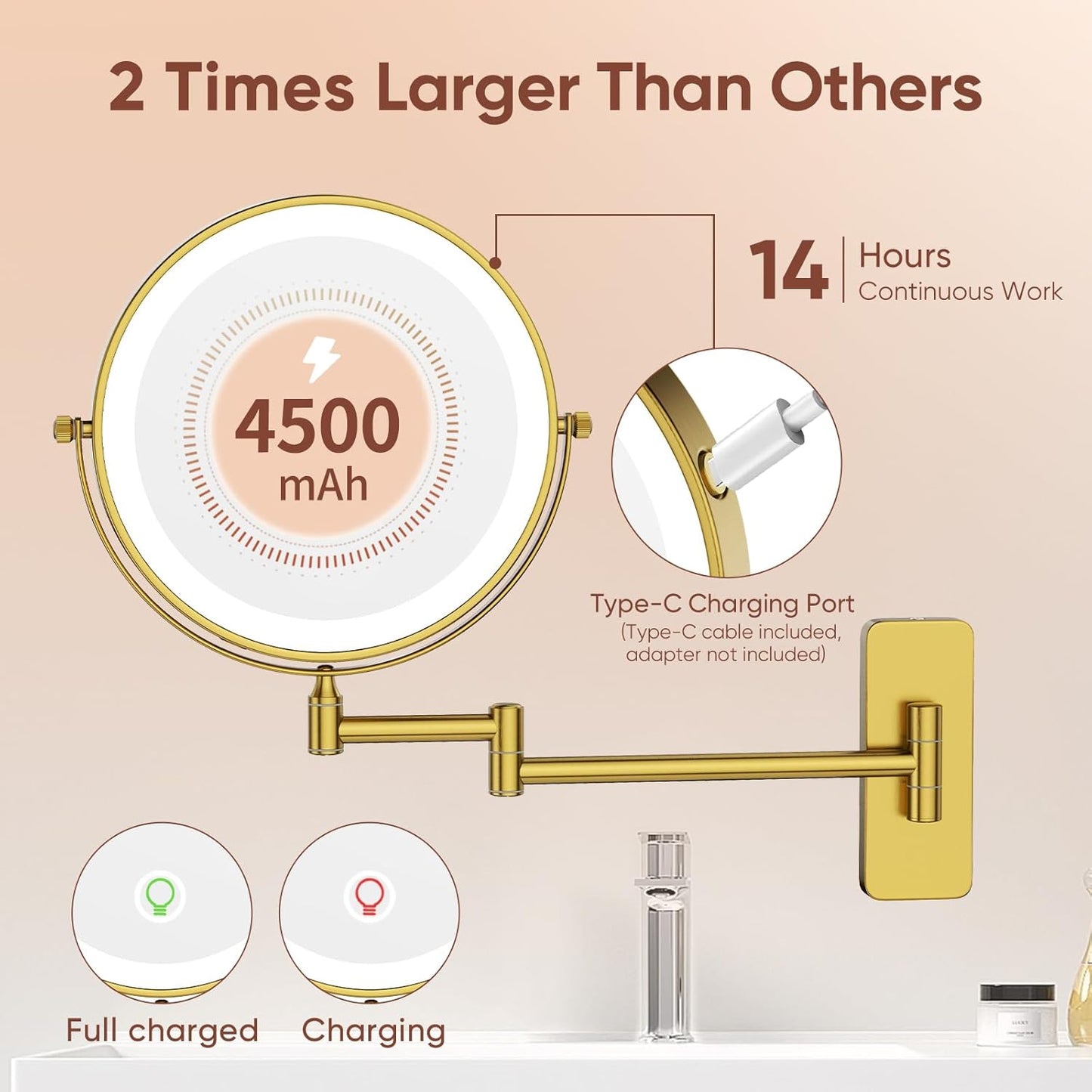 GURUN 8" Wall Mounted Makeup Mirror,Magnifying Dual-Side Mirror,| 360° Rotation & Extended Arm Bathroom Mirror| 14" L x 14" W Retro Gold-led Light 7X M1406DGJ(8",7X)