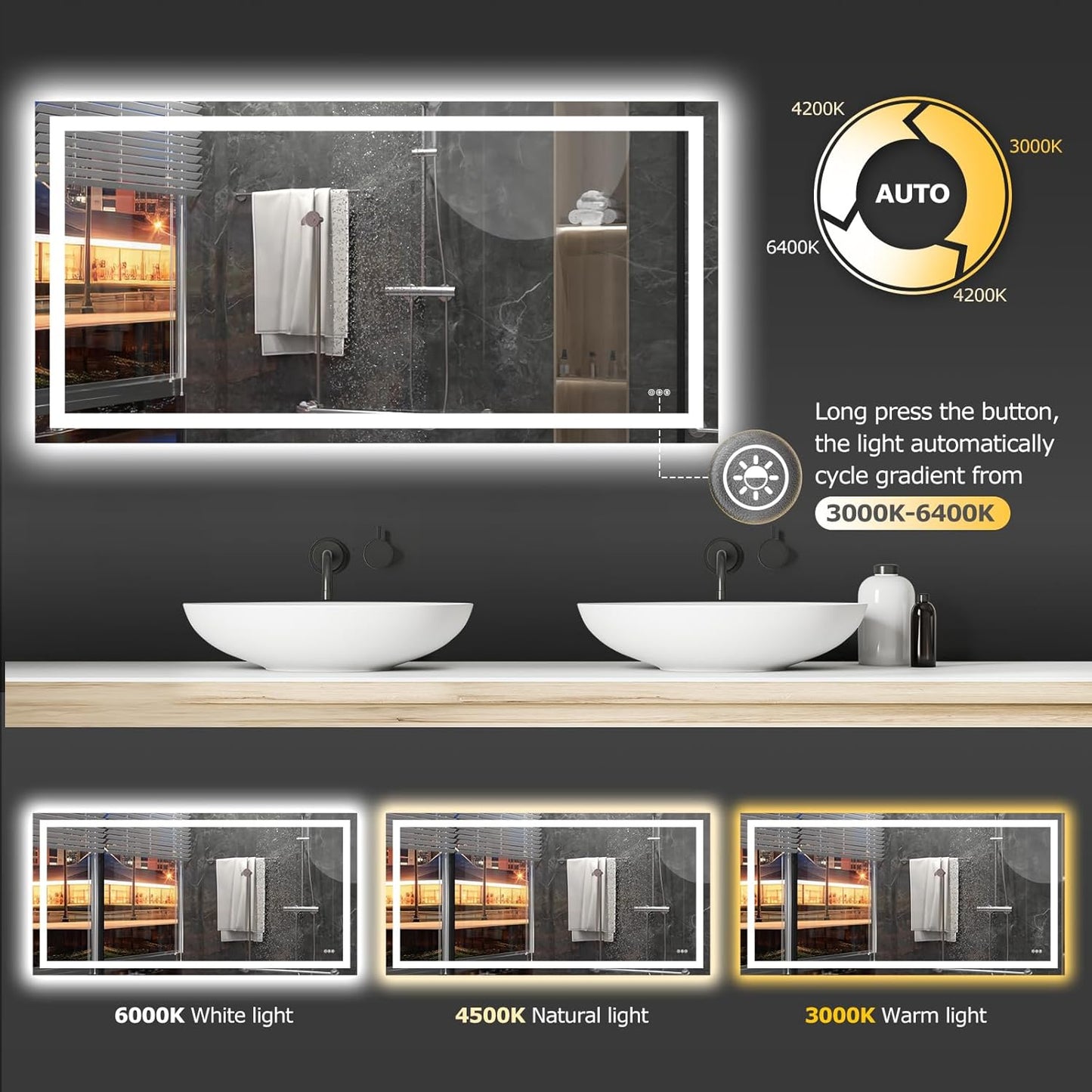 72X36 LED Bathroom Mirror with Lights, Anti-Fog, Dimmable, Backlit + Front Lit, Smart Bathroom Vanity Mirror, Memory Function, Shatterproof, Tempered Glass (Horizontal/Vertical)