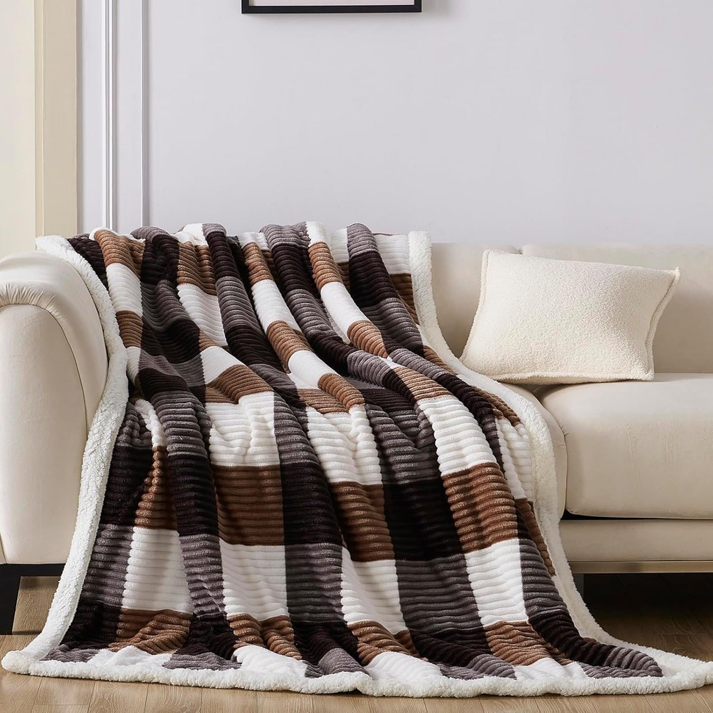Blanket for Women, Sherpa Throw Blanket for Couch, Flannel Cozy Soft Checkered Blanket for Bed - Fleece, Dark Brown, 60x80 Inches
