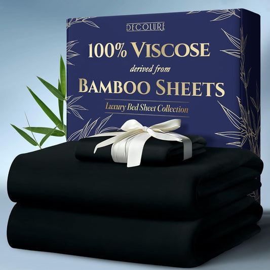 DECOLURE 100% Viscose Derived from Bamboo Sheets Twin Size 3pcs - Ultra Soft & Luxuriously Cooling, 17" Deep Pocket, Double Stitching, Perfect for Hot Sleepers - Twin Bed Sheets (Black)