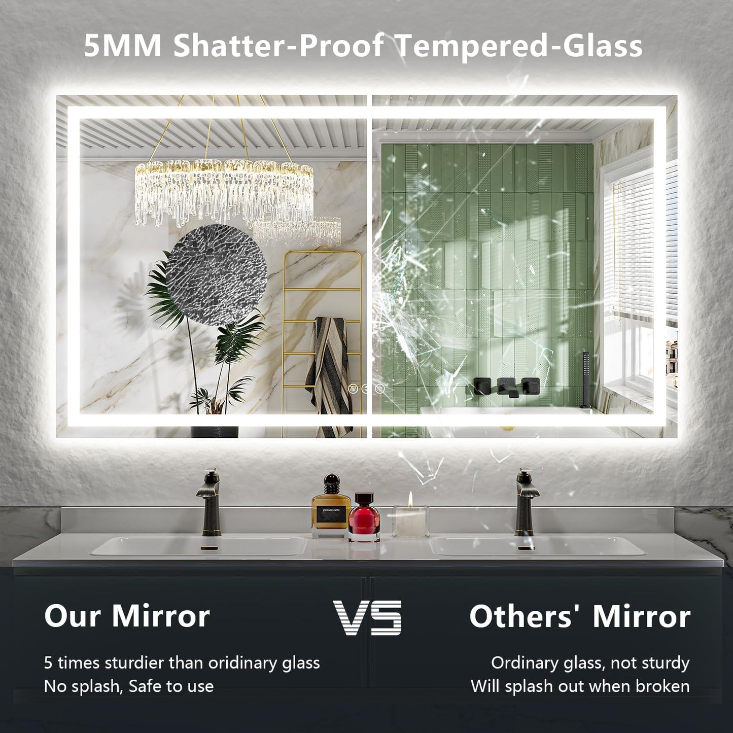 72x40 Inch LED Bathroom Mirror with Lights Front and Backlit Lighted Vanity Mirror for Bathroom Wall with 3 Colors Dimmable Anti-Fog Memory Shatter-Proof IP54 Waterproof Horizontal/Vertical