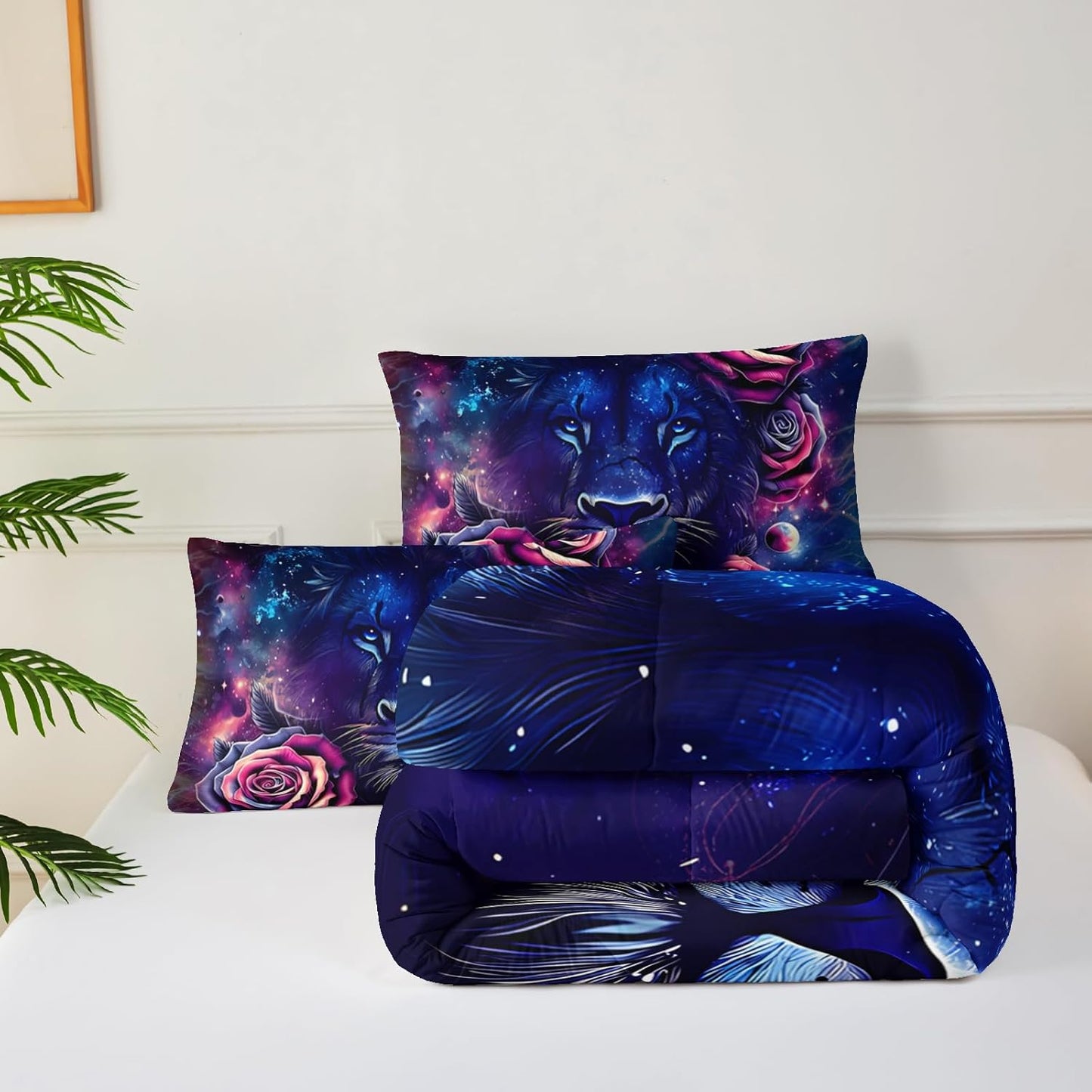 Black and Red Galaxy Roses Lion Comforter Set Full Size，Full Size Bedding Set Animal Print，Jungle Animal Bedroom Decor，with 1 Comforter with 2 Pillow Case