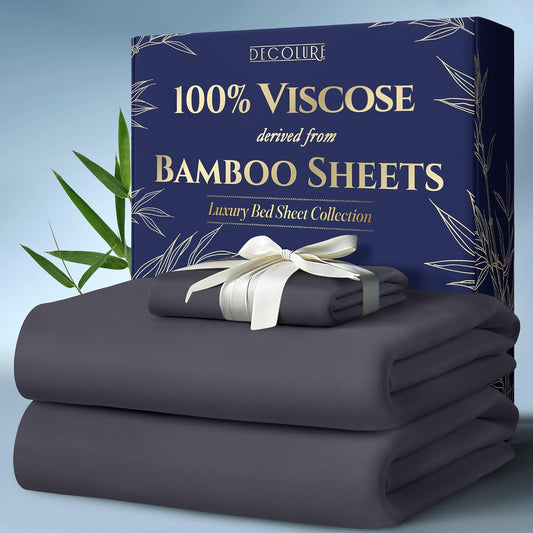 DECOLURE 100% Viscose Derived from Bamboo Sheets Twin Size 3pcs - Ultra Soft & Luxuriously Cooling, 17" Deep Pocket, Double Stitching, Perfect for Hot Sleepers - Twin Bed Sheets (Grey)