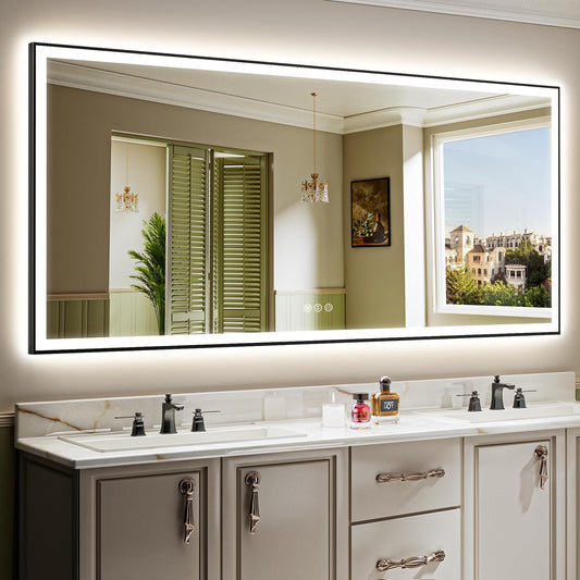 88x38 Inch LED Bathroom Mirror with Lights (Front Lit and Backlit) Black Framed Lighted Vanity Mirror for Bathroom Wall Dimmable Anti-Fog Memory Tempered Glass Horizontal/Vertical