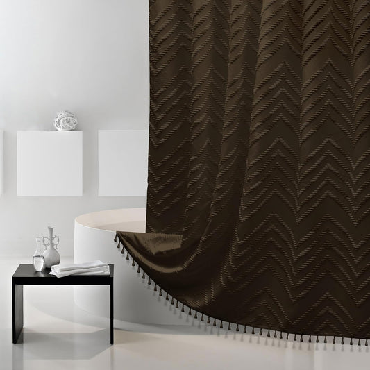 Extra Long Boho Shower Curtain, Woven Fabric 84 in Brown Shower Curtain, 72 x 84, Tufted Chevron Striped Modern Chic Textured Minimalist Bathroom