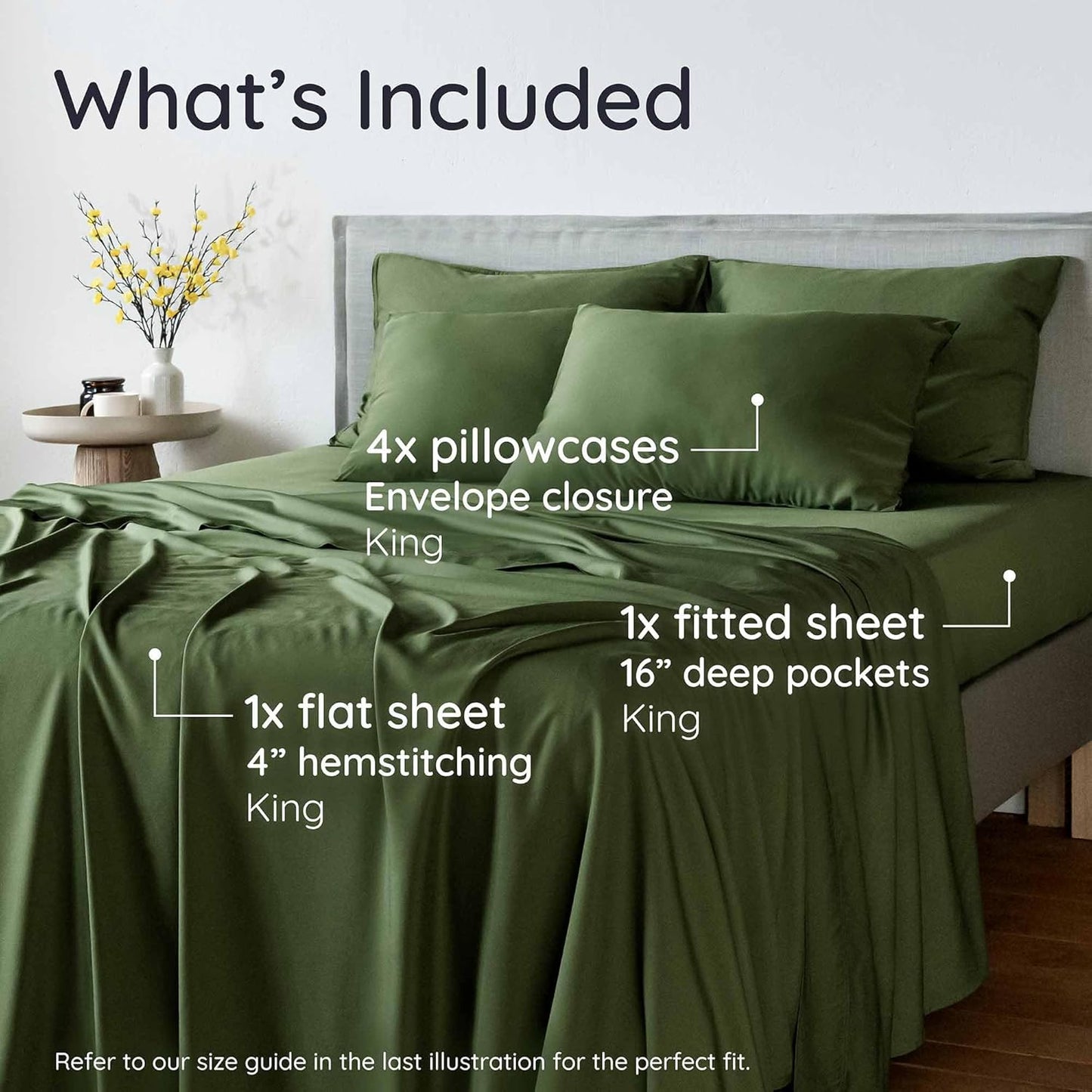 Bambaw 100% Viscose Derived from Bamboo Sheets King Size Set – 6pcs Set of Cooling Sheets for Hot Sleepers, Fits Up to 16'' Mattresses, Super Soft & Luxury Bedding Sets King (Olive)