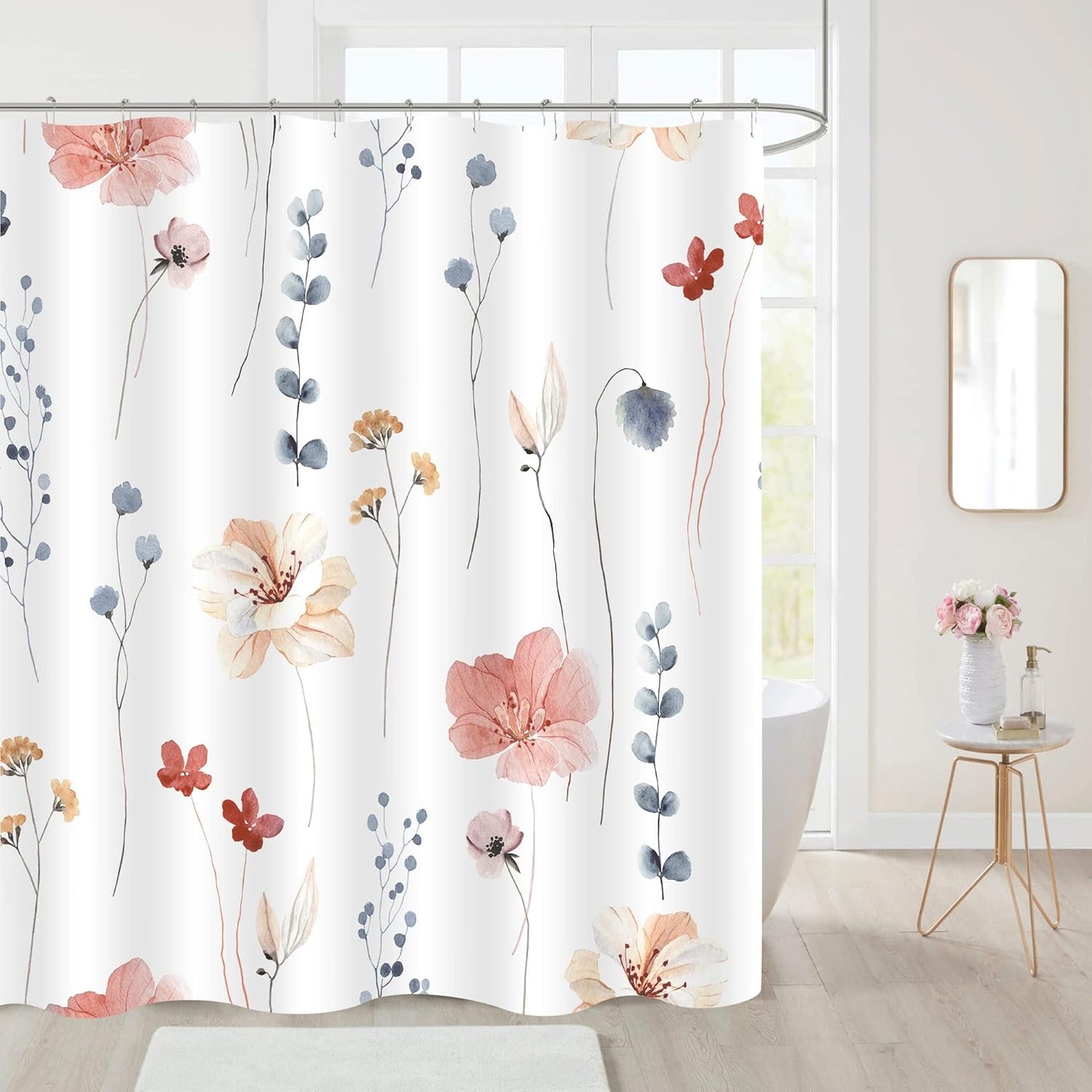 Gibelle Watercolor Floral Shower Curtain, Coral Beige Flower Shower Curtain for Bathroom, Modern Minimalist White Waterproof Fabric Shower Curtain Set with Hooks 72x72 Inch