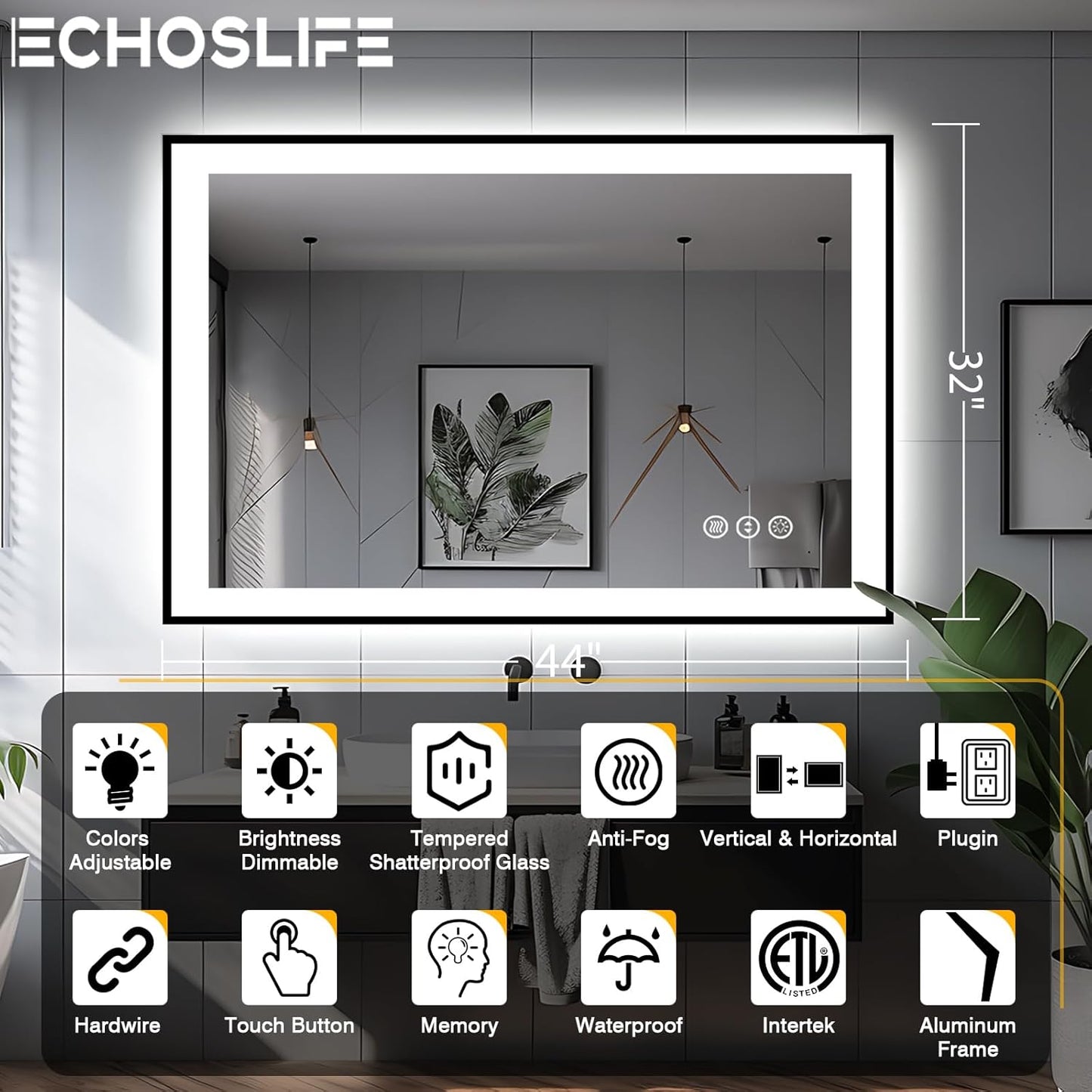 44x32 Bathroom Mirror with LED Lights - Black Framed, Front and Backlit Mirror, Anti-Fog LED Vanity Mirror, 3 Colors and Dimmable Mirror, Waterproof, Corrosion Proof (Horizontal/Vertical)