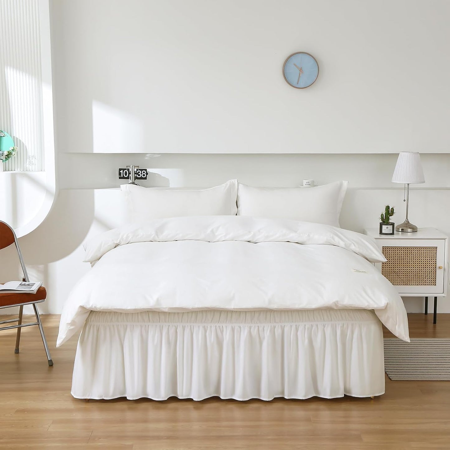 MEILA Wrap Around Bed Skirt Three Fabric Sides Elastic Dust Ruffled 24 Inch Tailored Drop,Easy to Install Fade Resistant-Natural White, Twin/Full