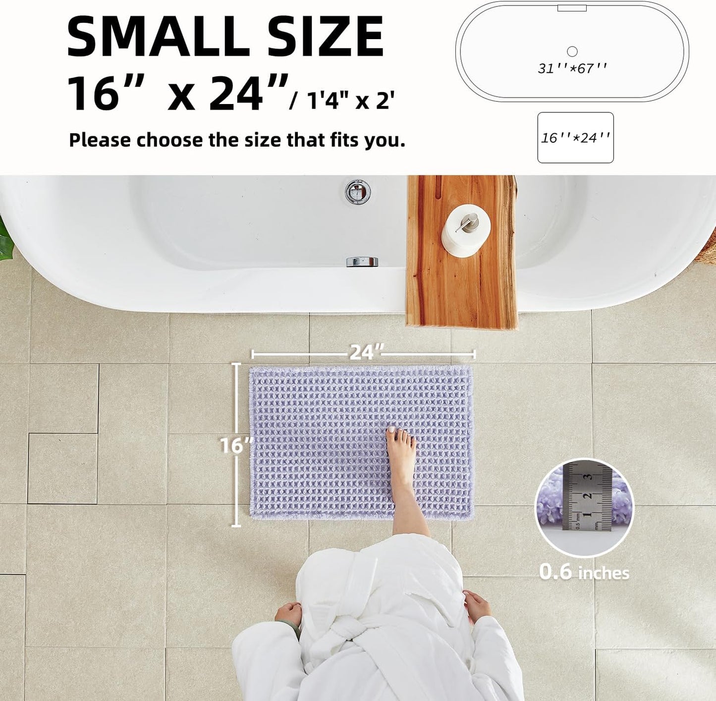 Waffle Bath Mat, Boho Bathroom Rugs Non Slip Washable Super Absorbent Quick Dry Cute Bath Mat Farmhouse Bathroom Decor, 24''x16'' Lavender Cream