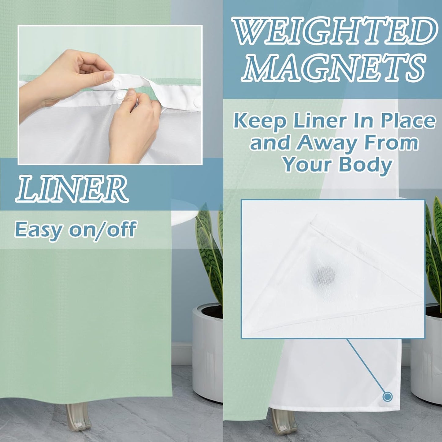 Mint Green Stall No Hook Shower Curtain with Snap in Liner,230GSM Waffle Weave Shower Curtains for Bathroom,54W x 80H
