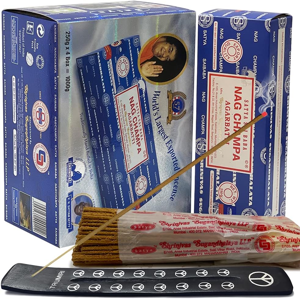 Nag Champa Incense Sticks 250g x 4 and Incense Stick Holder Bundle Insence Insense Satya Incense