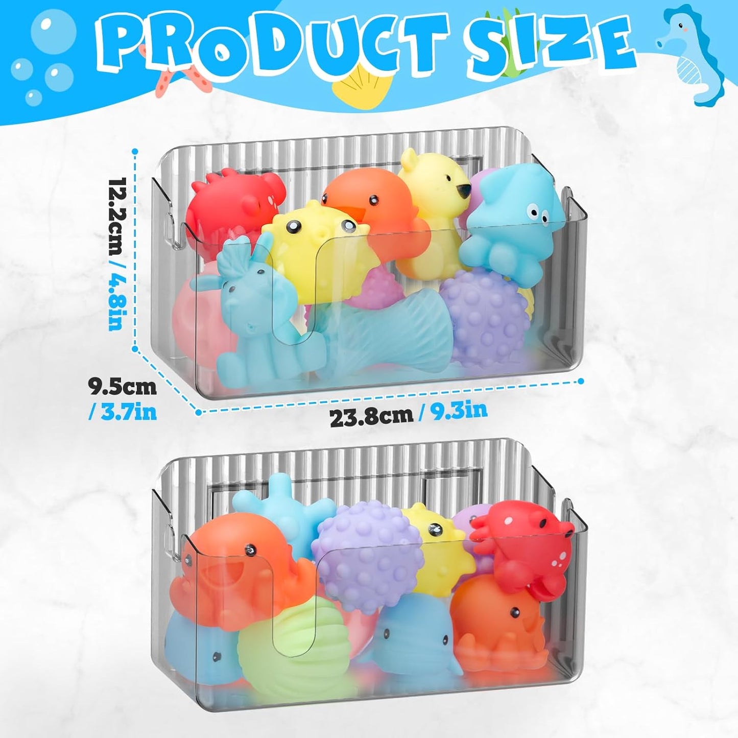 2-Pack Clear Bath Toy Storage Holder Organizer, Large Capacity Durable Plastic Bathtub Shower Caddy with Drain Holes, Quick-Dry Drainable Easy Install(Transparent Gray 2-Pack)