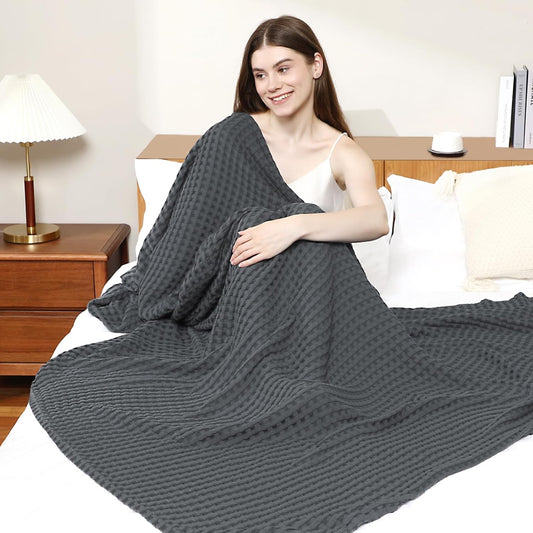 Aganear Waffle Blanket - Lightweight Breathable Summer Blanket of 50% Cotton and 50% Rayon Derived from Bamboo for Hot Sleepers Luxury Throws for Bed, Couch and Sofa,Dark Grey,66x90 Inches