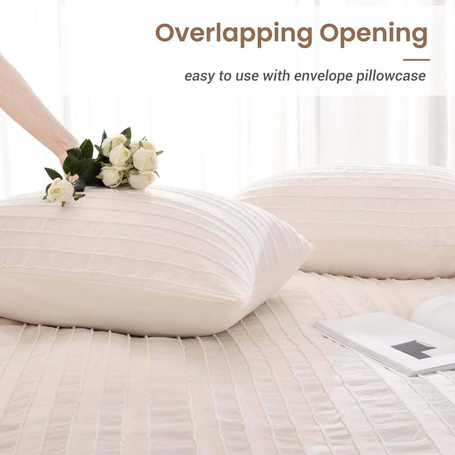 NEXHOME PRO Duvet Cover Queen Size, Light Khaki 3 Pieces Boho Tufted Duvet Cover Set, Soft and Lightweight Microfiber Comforter Cover Set for All Season (Light Khaki, 90 x 90)-No Comforter