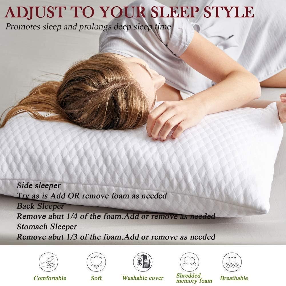 NTCOCO 2 Pillows, Shredded Memory Foam Bed Pillows for Sleeping, with Washable Removable Cooling Hypoallergenic Sleep Pillow for Back and Side Sleeper King (2-Pack)
