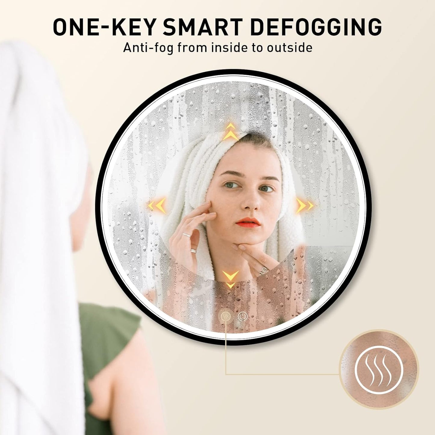 40" Round LED Bathroom Mirror, Dimmable Anti-Fog Vanity Mirror with Touch Control, 6000K Natural Light, Black Metal Frame, Wall Mounted for Makeup Shaving (IP54, 90+ CRI)