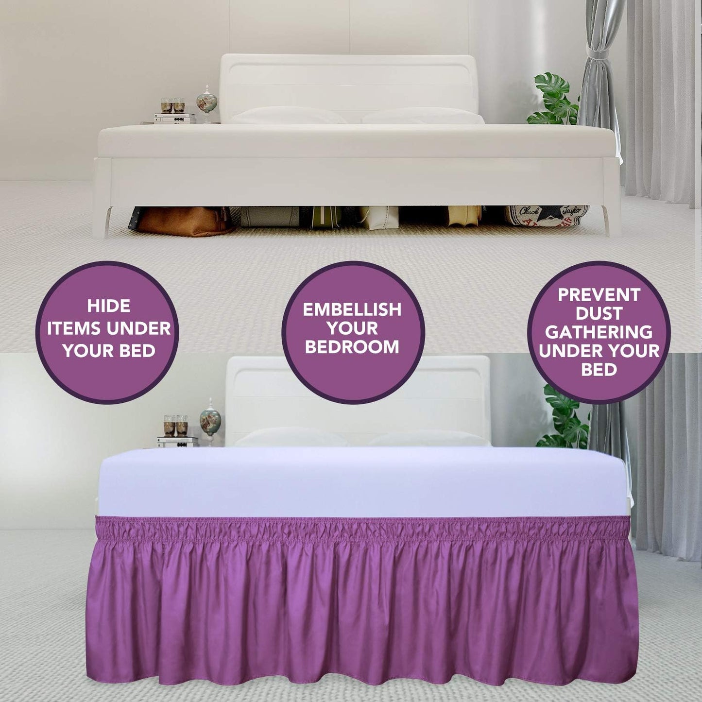 PureFit Wrap Around Ruffled Bed Skirt with Adjustable Elastic Belt - 14 Inch Drop Easy to Put On, Wrinkle Free Bedskirt Dust Ruffles, Bed Frame Cover for Queen, King and C-King Size Beds, Purple