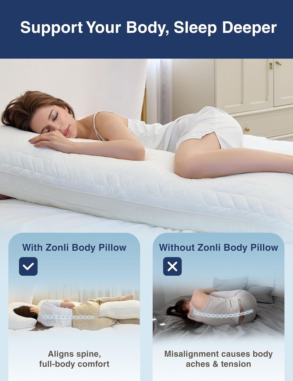 ZonLi Adjustable Memory Foam Body Pillow for Adults, Firm Support Long Pillow for Side Sleepers, Elegant Quilted 20x54 inch Full-Length Pillow with Washable Cover, White