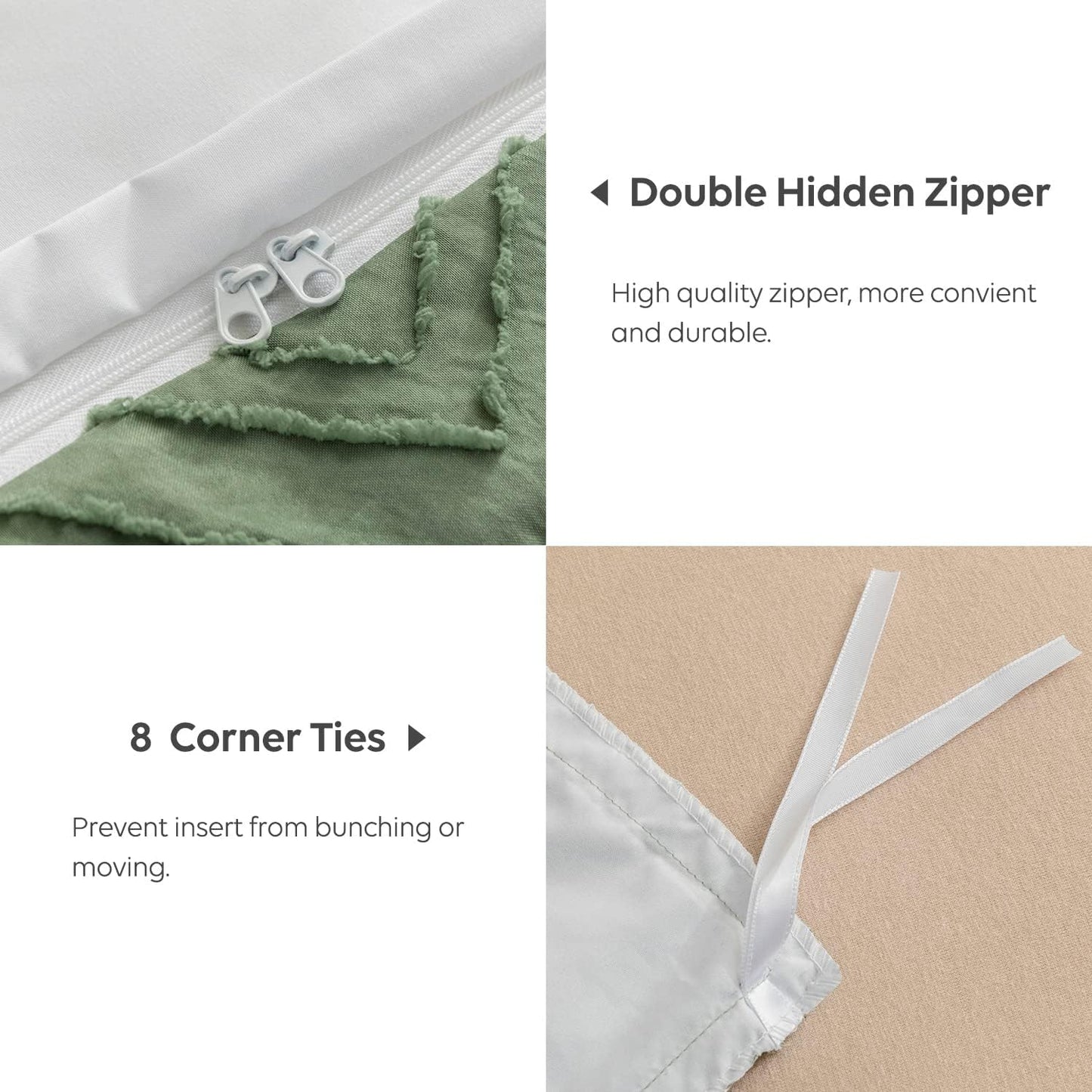 JELLYMONI Duvet Cover King Size Green and White - 3PCS Boho Duvet Cover Set Plaid Polyester Tufted Bohemian Jacquard Knit Textured Comforter Cover 104×90in Rhombic Geometric Pattern Zipper Corner Tie