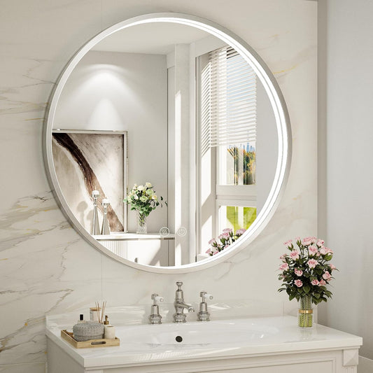 28" Round LED Bathroom Mirror, Dimmable Anti-Fog Vanity Mirror with Touch Control, 6000K Natural Light, Silver Metal Frame, Wall Mounted for Makeup Shaving (IP54, 90+ CRI)