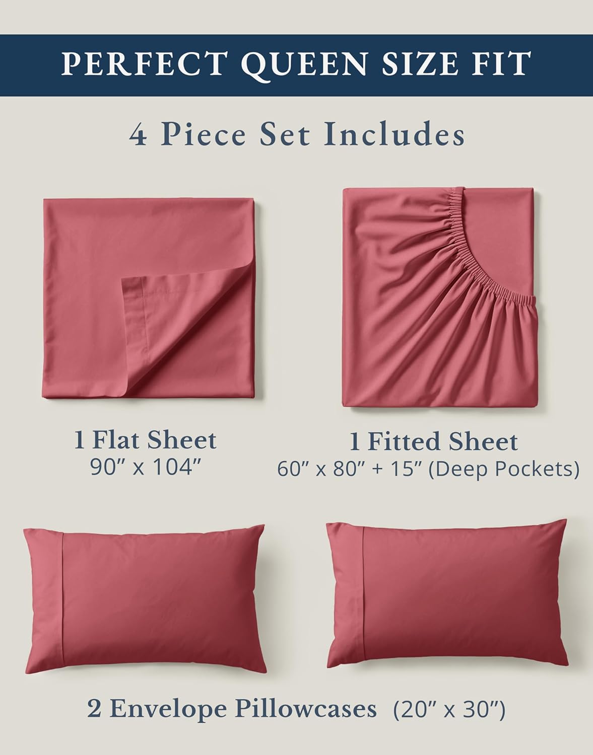 LANE LINEN 100% Organic Cotton Queen Sized Sheets, Fuly Elasticized Mercerized Low Pill Fade Resistant Percale Weave Bedsheets for Queen Size Bed, Soft and Comfy Sheet & Pillowcase Sets - Mineral Red